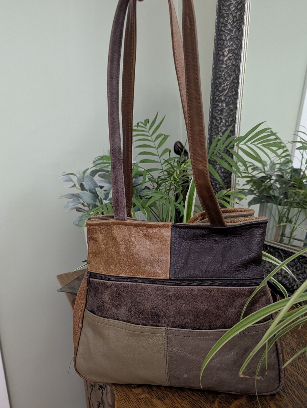 Vintage Leather brown Patchwork Purse Shoulder Bag Made in Mexico